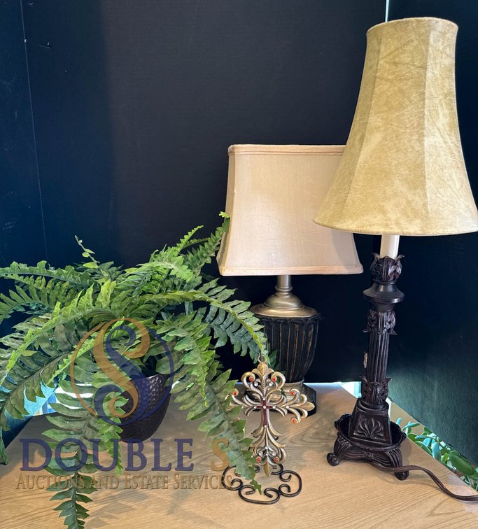 Table Decor Set with Lamps, Faux Fern, and Metal Cross
