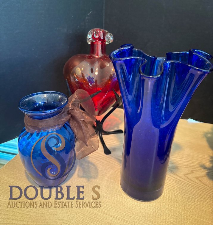 Art Glass Pieces: Blue Vases and Red Heart-Shaped Bottle