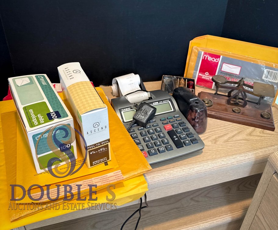 Office Supply Lot with Calculator, Scales, Wax Seal Kit, and Envelopes