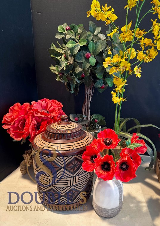 Decorative Pieces: Carved Ceramic Jar, Faux Floral Arrangements, and Vases