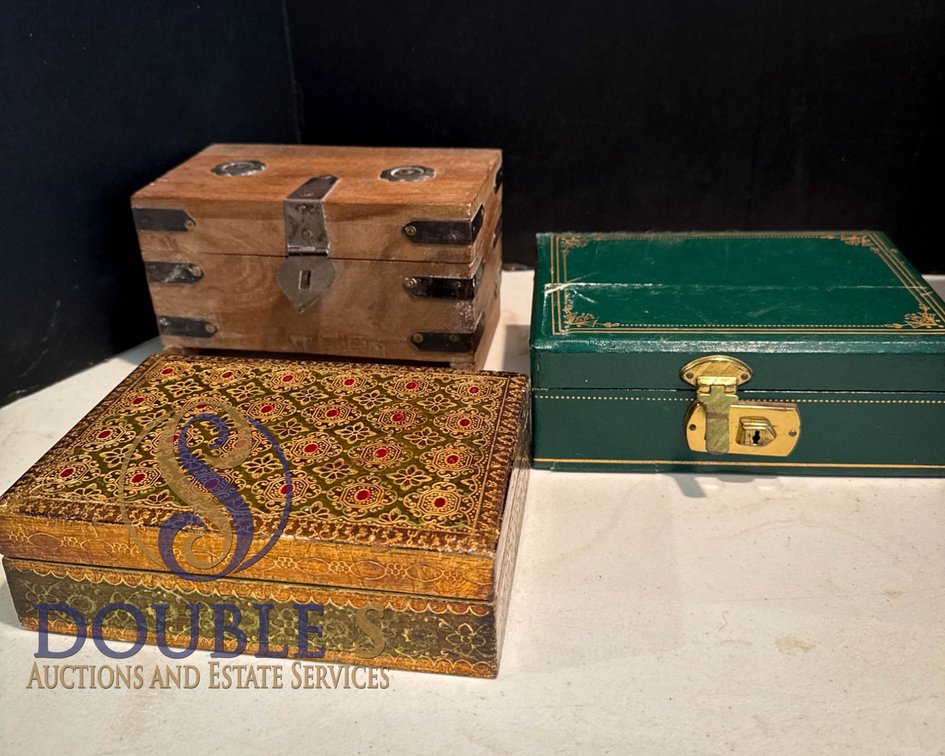 Three Decorative Boxes: Wood, Metal-Accented, Painted Wood, and Leatherette