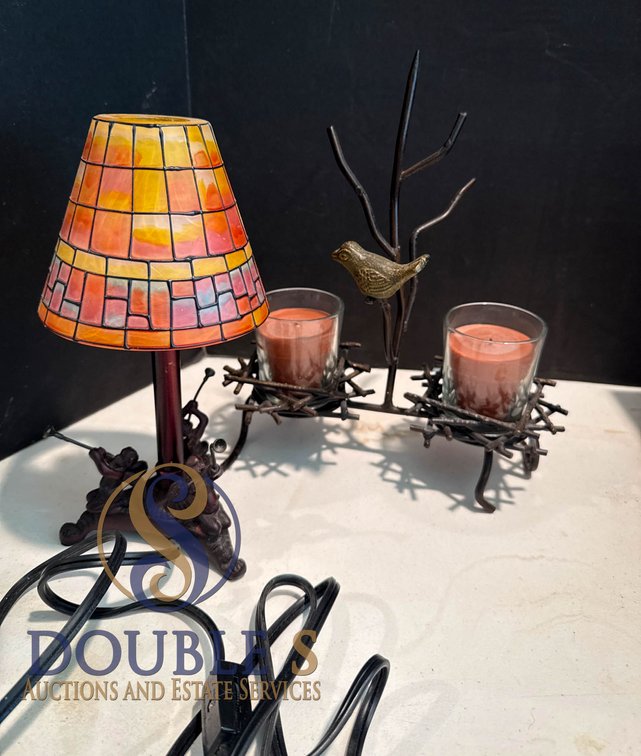 Table Lamp with Metal Base and Stained Glass-Style Shade, and Metal Bird-Themed Candle Holder