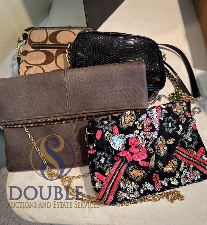 Four Handbags, Including Three with Metal Chain Handles and One Replica
