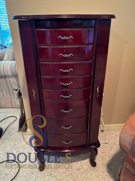Wooden Jewelry Armoire with Eight Drawers and Necklace Hanging Compartments