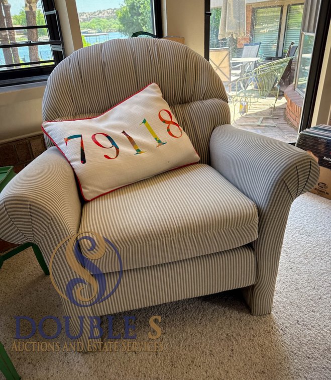 Striped Upholstered Armchair with Rolled Arms and Rounded Backrest