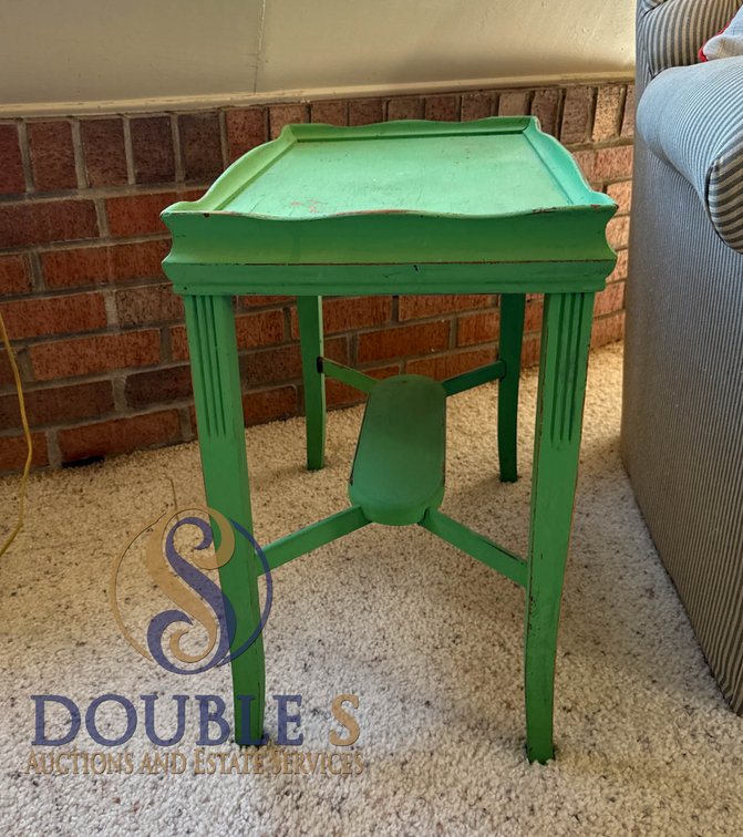 Green Painted Wood Side Table with Tray Top and Stretchers