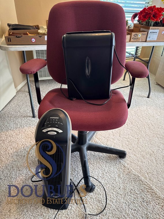 Three Office Items: Lasko Tower Fan, Rolling Chair and Aurora Paper Shredder