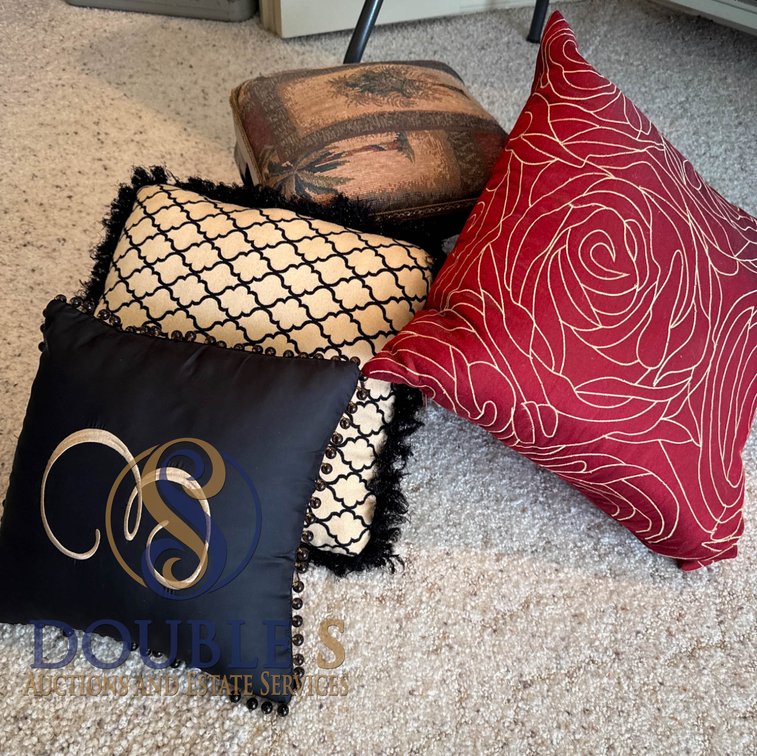 Decorative Throw Pillows with Wooden Footstool