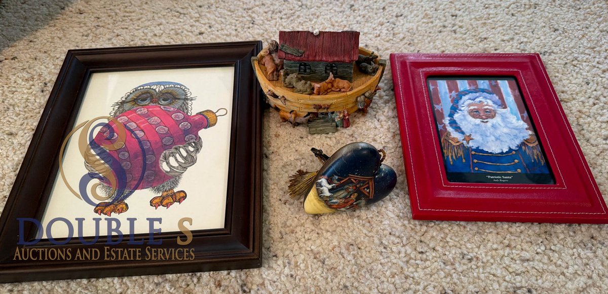 Framed Artwork, Decorative Basket with Miniatures, and Heart Ornaments