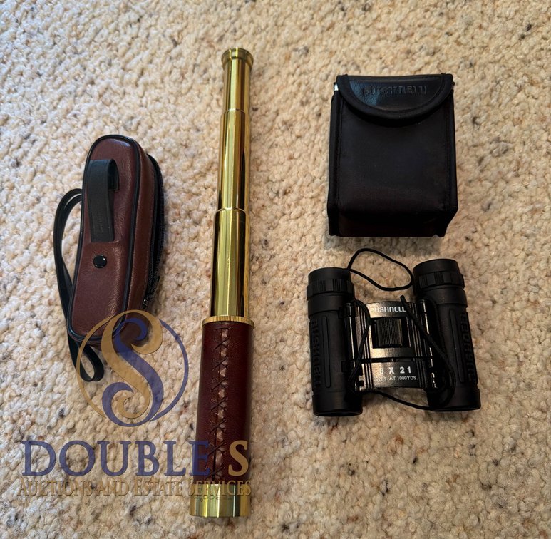 Brass Pocket Telescope and Bushnell 8x21 Binoculars with Cases