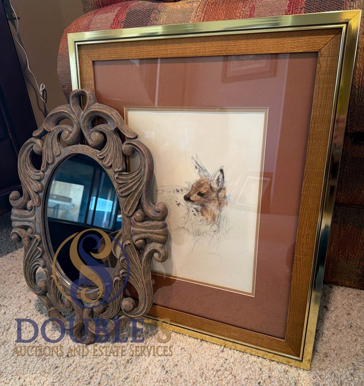 Framed Fox Illustration and Decorative Oval Mirror