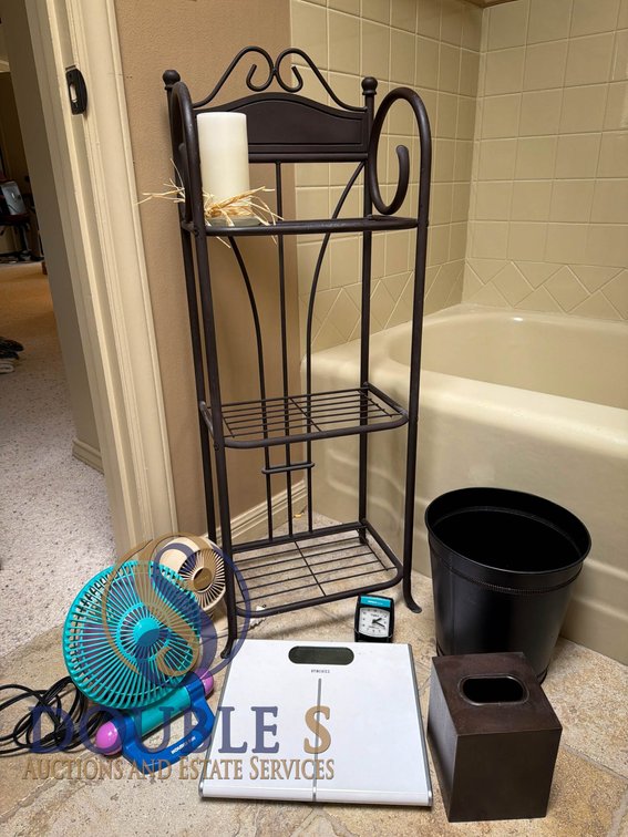 Various Household Items Including Metal Shelf, Fans, and Accessories