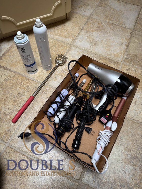 Hair Styling Tools and Accessories Including Hair Dryer, Curling Irons, and Hair Sprays