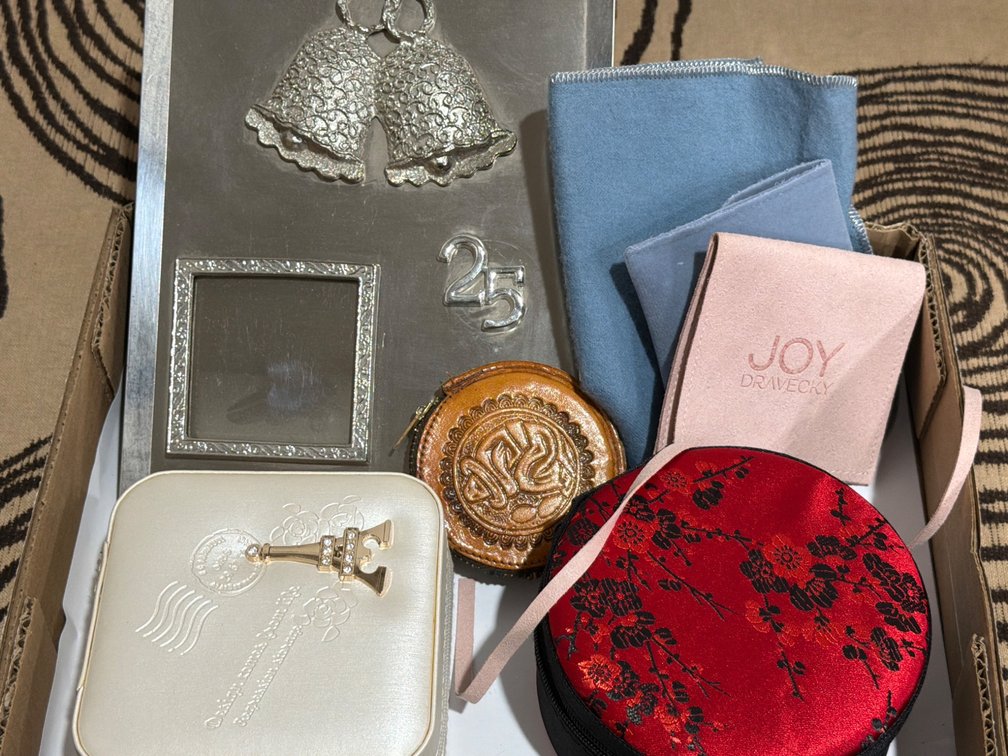 Decorative Items and Accessories Including Silver Toned Ornaments and Fabric Cases