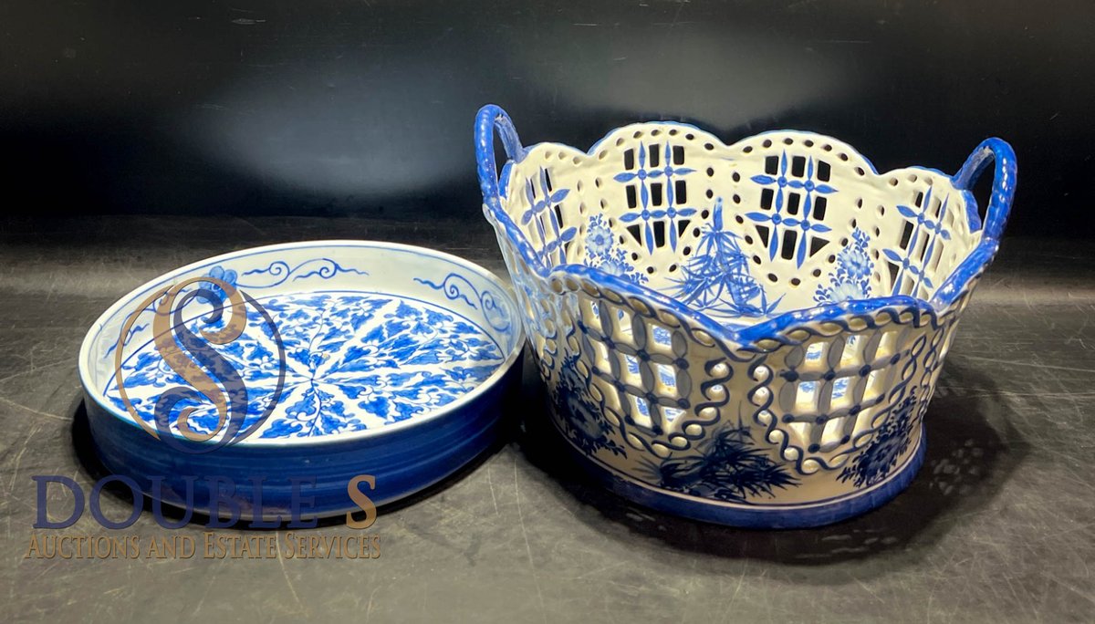 Hand-Painted Blue and White Porcelain Basket with Pierced Design and Matching Plate