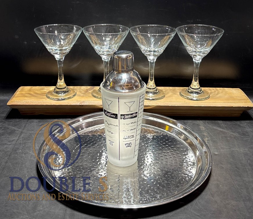 Bar Set with Silver-Plated Tray, Martini Glasses, and Cocktail Shaker