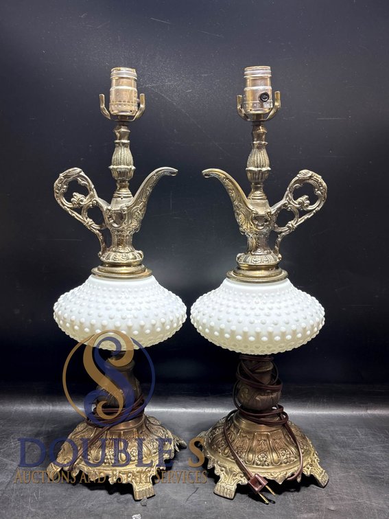 20.5-Inch Brass and Milk Glass Table Lamps with Hobnail Design