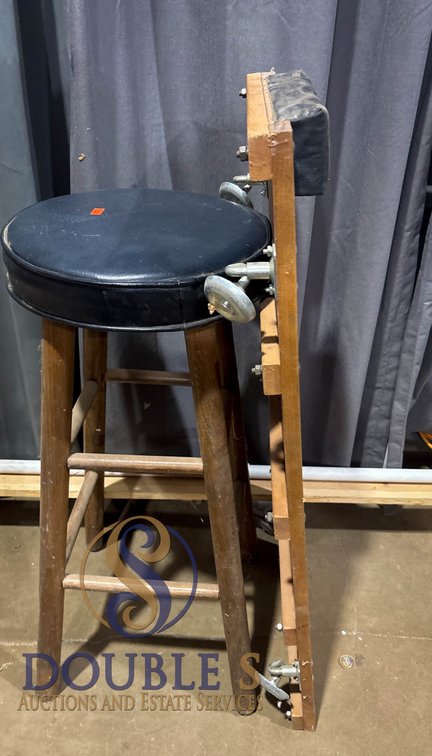 Wooden Stool with Black Vinyl Seat and Sears Creeper No. 51103