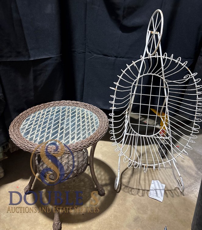 Wicker and Glass Top Side Table with White Metal Decorative Wheelbarrow