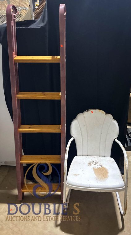 Metal Outdoor Lounge Chair and Wooden Ladder-Style Shelf
