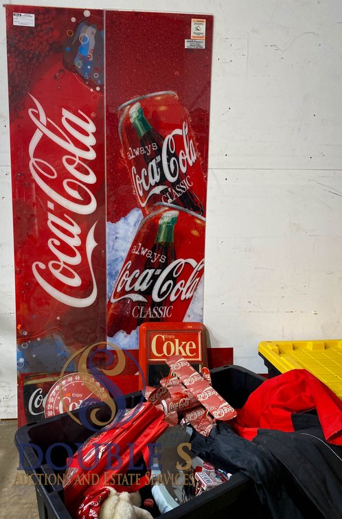 Coca-Cola Memorabilia Collection Including Signs, Clothing, Bottles, and Accessories