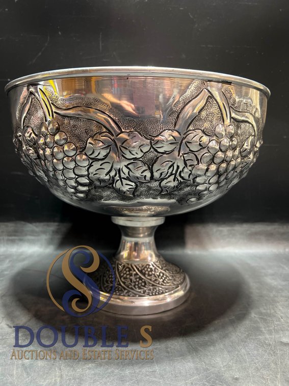 Silver-Colored Metal Compote Bowl with Grape Motif and Embossed Base