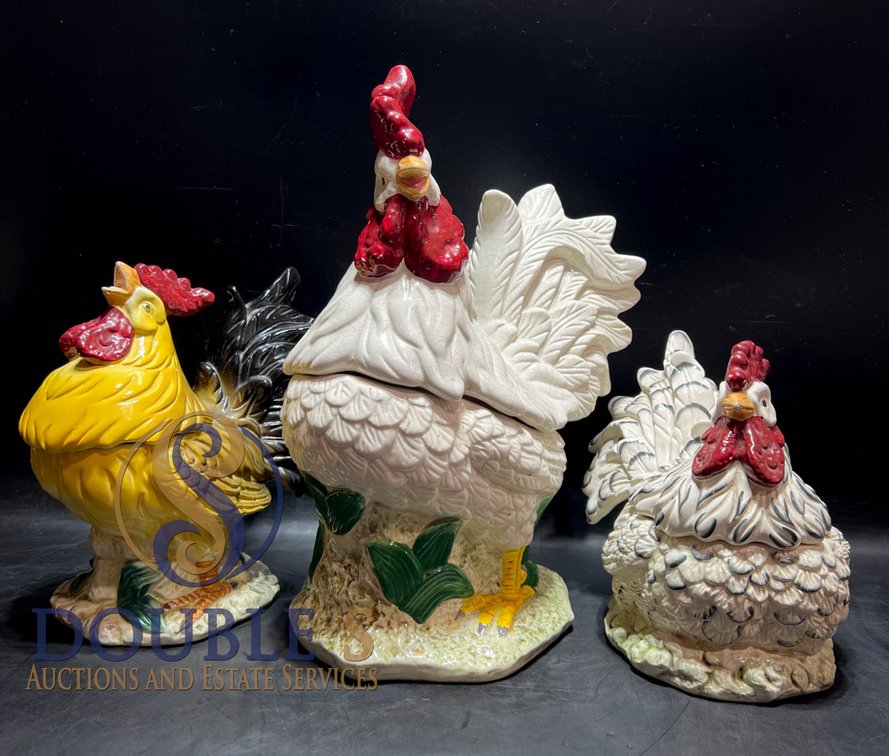 Three Ceramic Rooster-Shaped Lidded Cookie Jars
