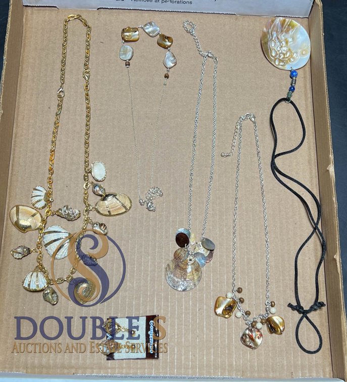 Shell and Metal Costume Jewelry Including Necklaces, Earrings, and Pendant