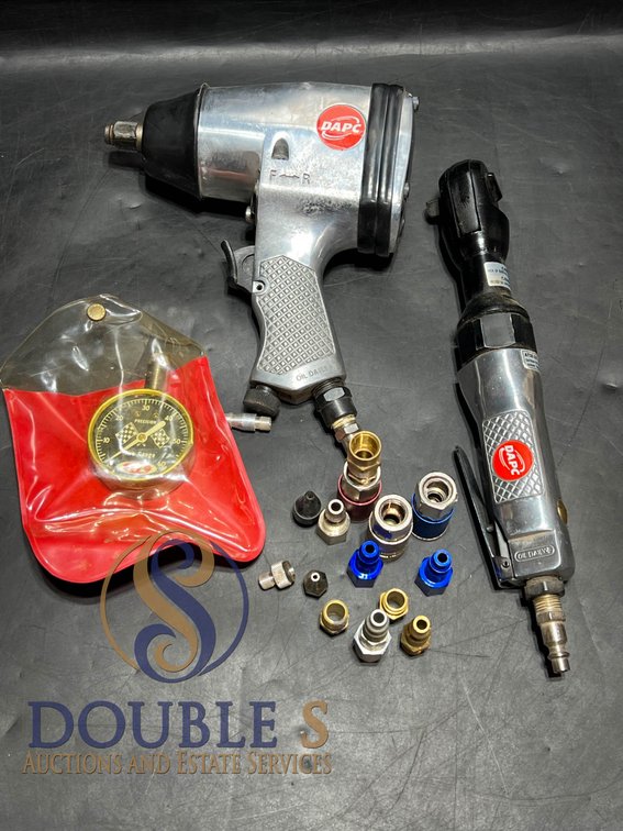 DeVilbiss AT10 1/2-Inch Impact Wrench, AT20 3/8-Inch Air Ratchet, Tire Gauge, and Assorted Air Fittings