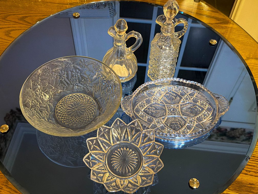 Pressed and Cut Glass Tableware, Including Bowls, Trays, and Cruets