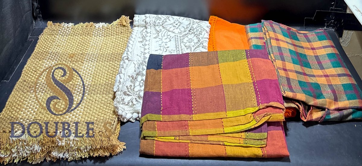 Two Round and Two Rectangular Tablecloths with Eight Dinner Plate Cloths