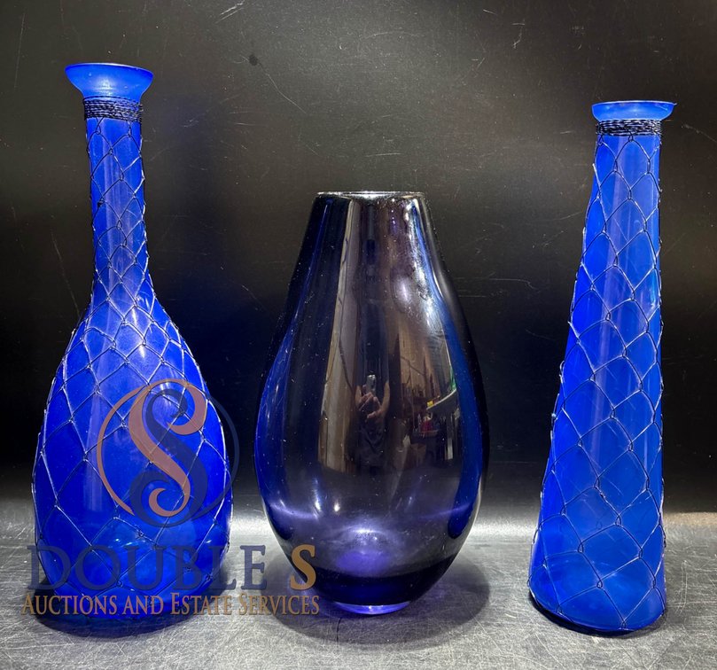 Three Cobalt Blue Glass Vases with Quilted Patterns