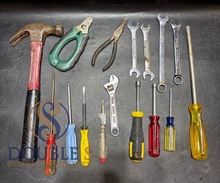 Hand Tools Including Screwdrivers, Wrenches, Pliers, and Hammer