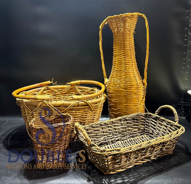 Four Woven Wicker Baskets in Various Styles and Sizes