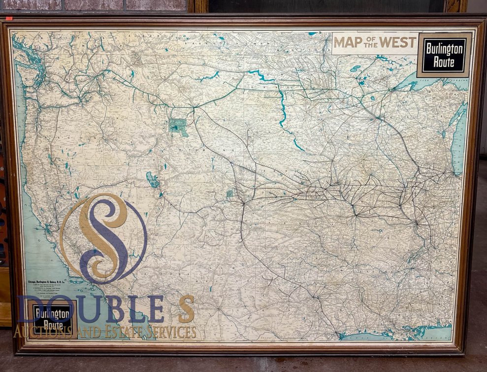 Framed 1947 Burlington Route "Map of the West," 64" x 48"