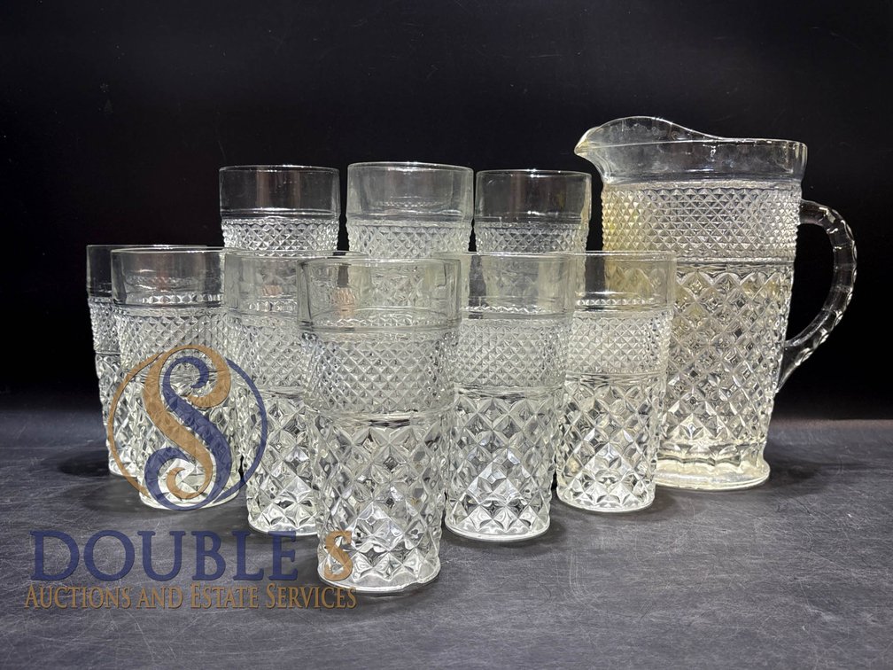 Pressed Glass Pitcher and Ten Glass Tumblers with Diamond Pattern