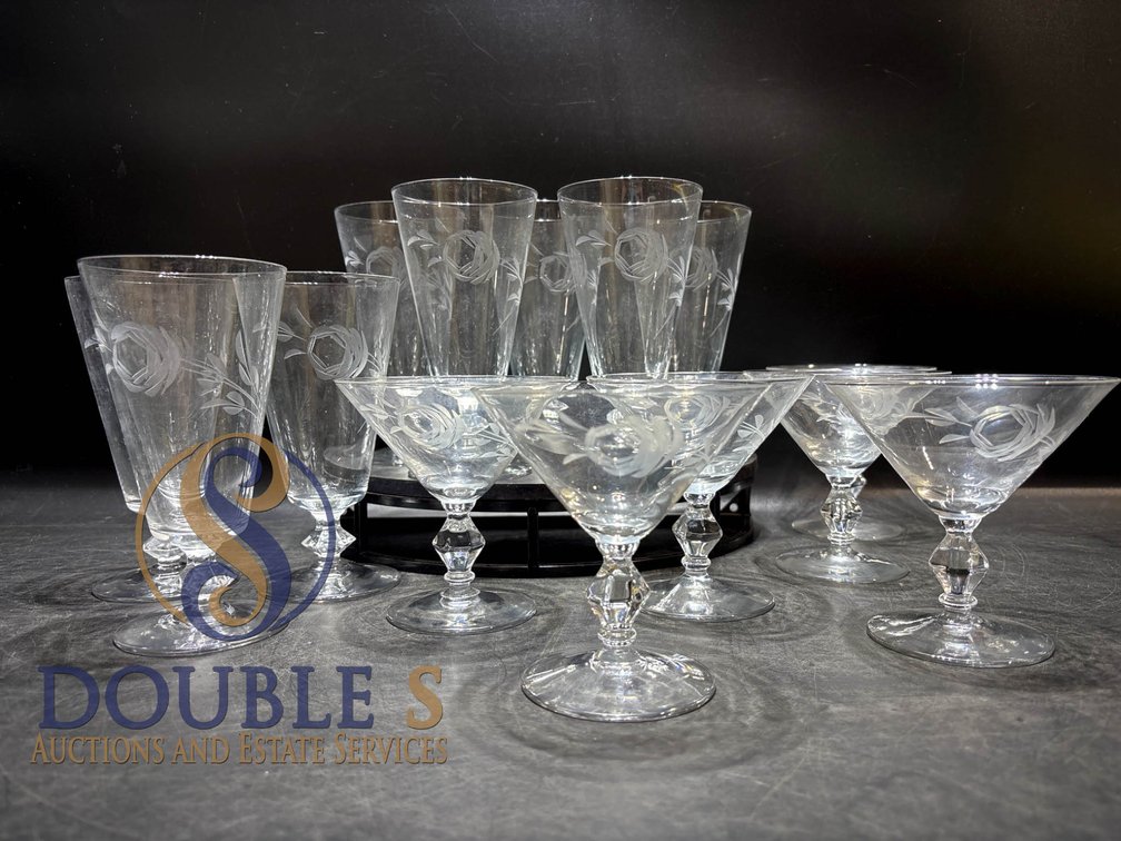 Etched Glass Stemware with Floral Motifs, 15 Pieces