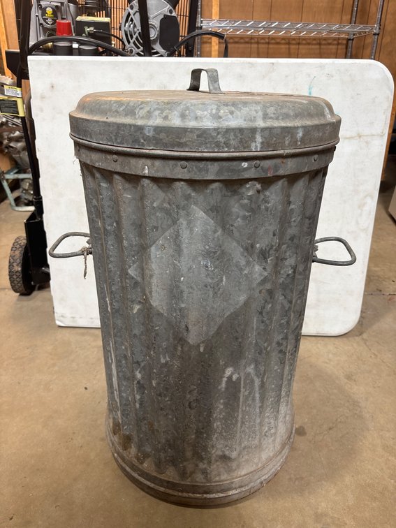 Vintage Metal Trash Can with Lid and Handles, H=29” D=16”