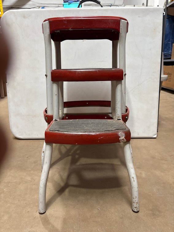Red and White Metal Step Stool With Two Steps and Seat
