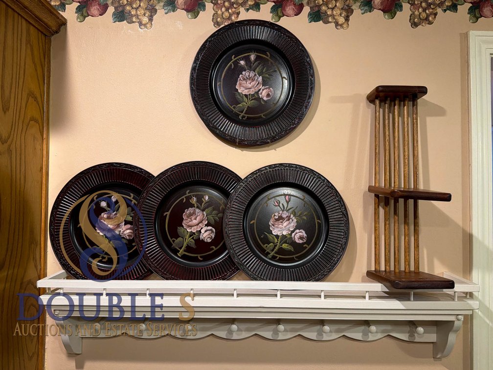 Painted Floral Wall Plates, Display Shelf, and Wooden Rack