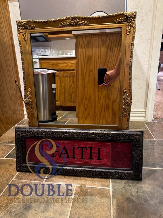Ornate Gold-Tone Wall Mirror and Decorative 'Faith' Plaque