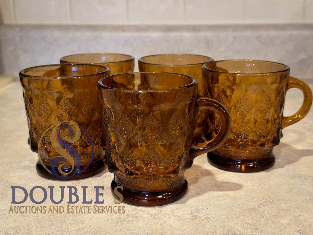 Six Anchor Hocking Amber Glass Pineapple Pattern Mugs, 5 oz