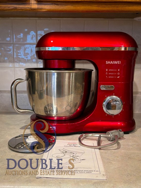 Red SHAIWEI Stand Mixer with Accessories and Instruction Manual