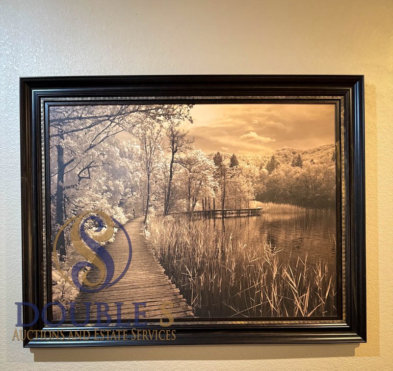 Framed Landscape Print Featuring Wooden Path and Lakeside View