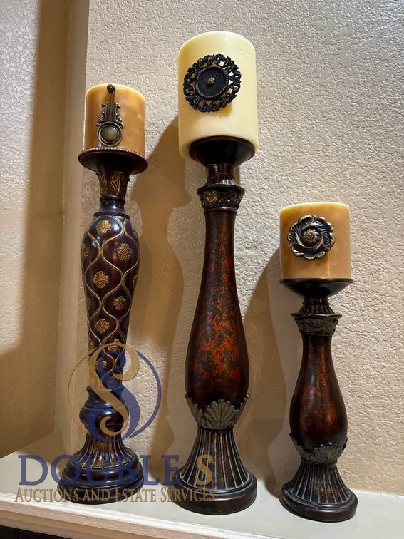 Three Resin Candlesticks, 11 in, 19 in, 19 in