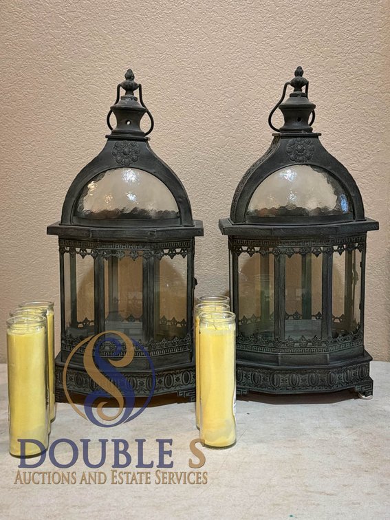 Decorative Metal Lanterns with Glass Panels and Six Unscented Candles