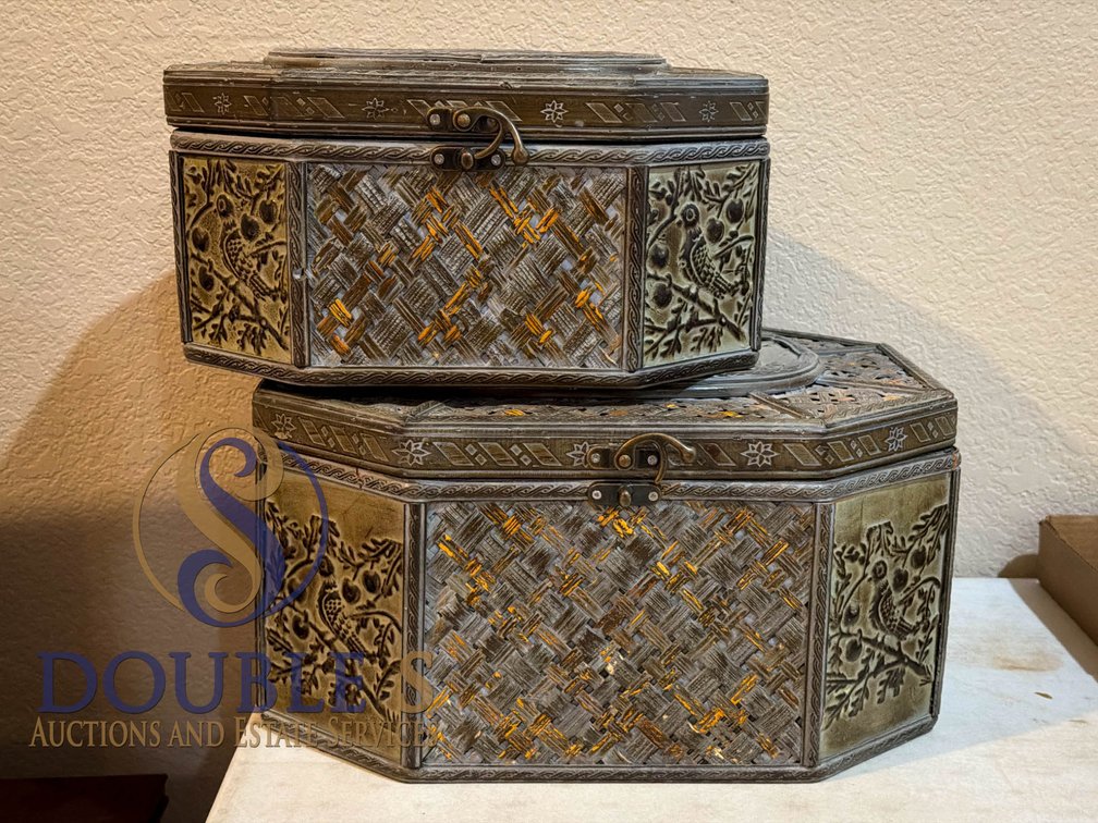 Two Octagonal Embossed Metal and Wood Boxes with Floral Designs