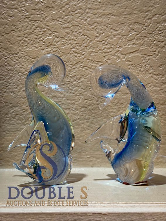 Blown Glass Seahorse Figurines with Blue Accents