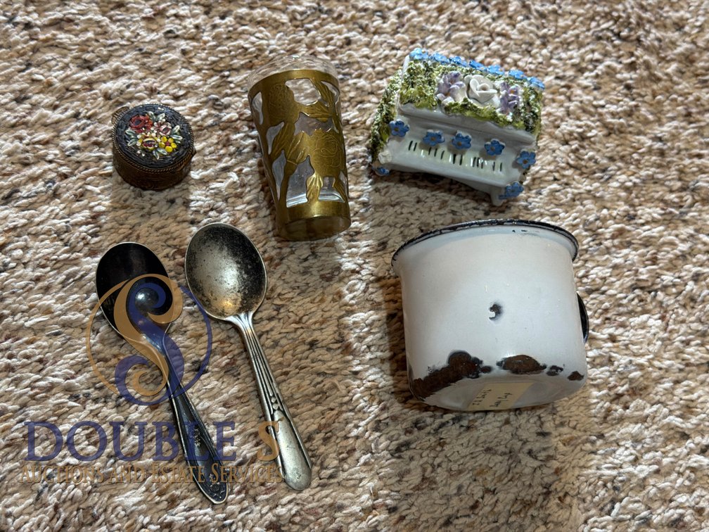 2- Silver plated baby spoons, kid cup, shot glass, pill case and match box holder