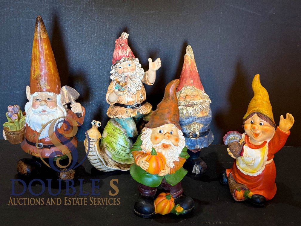 Five Decorative Garden Gnome Figurines, Painted Resin, Up to 13 Inches